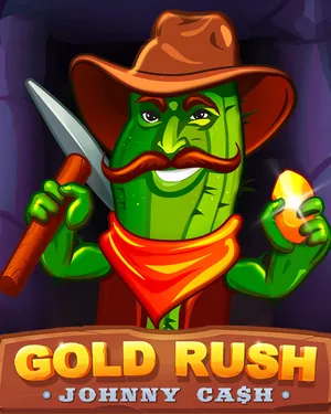 Offizielles Cover von Gold Rush With Johnny (BGaming): ein Kaktus mit braunem Cowboyhut, Schnurrbart und rotem Halstuch hält in einer Mine eine Spitzhacke und einen Goldklumpen, darunter der Titel in orangefarbener Schrift