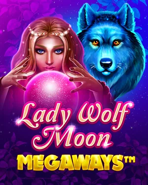 Offizielles Cover von Lady Wolf Moon Megaways (BGaming): eine Frau mit Kopfschmuck hält eine leuchtende rosa Kugel neben einem blauen Wolf, darunter der Titel in rosa Schreibschrift und „Megaways“ in gelber Schrift